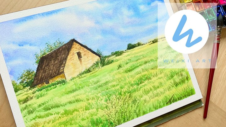 【水彩】乡间小屋    一起来种草吧！水彩草地简单画法