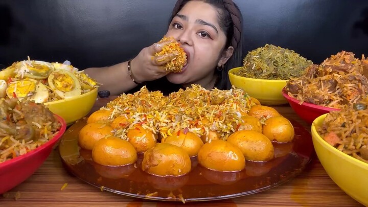 CHICKEN BIRYANI, MUTTON BIRYANI, EGG BIRYANI & VEGETABLE BIRYANI WITH SPICY EGG CURRY | ASMR MUKBANG
