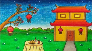 Menggambar tema tahun baru imlek || Cara menggambar klenteng