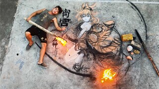  I use a burning fire sticks to paint " Original god•Xiao palace"