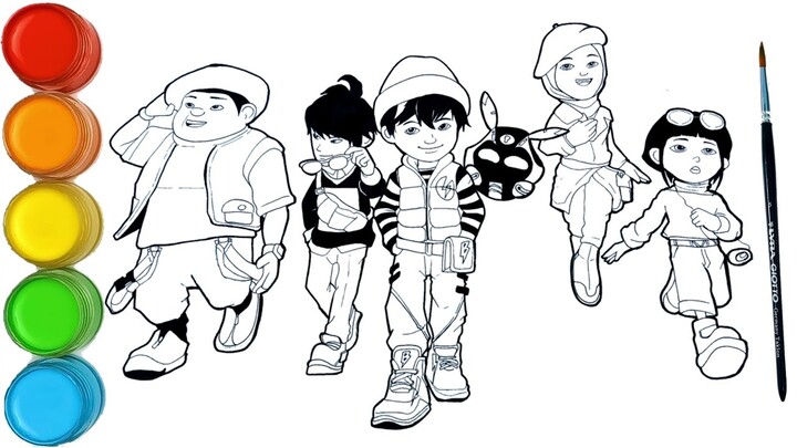 Menggambar dan mewarnai BoBoiBoy dan kawan-kawan mengantar Tok Aba pulang ke rumah lamanya