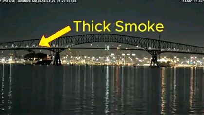 Detailed video of the events leading to collapse of Baltimore's bridge. Probable fire onboard.