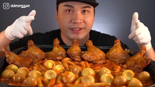 Thánh ăn hàn quốc mukbang ăn Sinjeon Tteobokki và Đùi gà tỏi Jamaican cực ngon