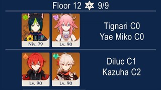 [Duo] Tignari C0 Yae Miko C0 / Diluc C1 Kazuha C2 I Spiral Abyss 12 9 stars clear Genshin Impact