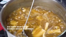 Simple Egg Drop Soup with Bamboo Shot and Mushroom - Sup Rebung Sehat