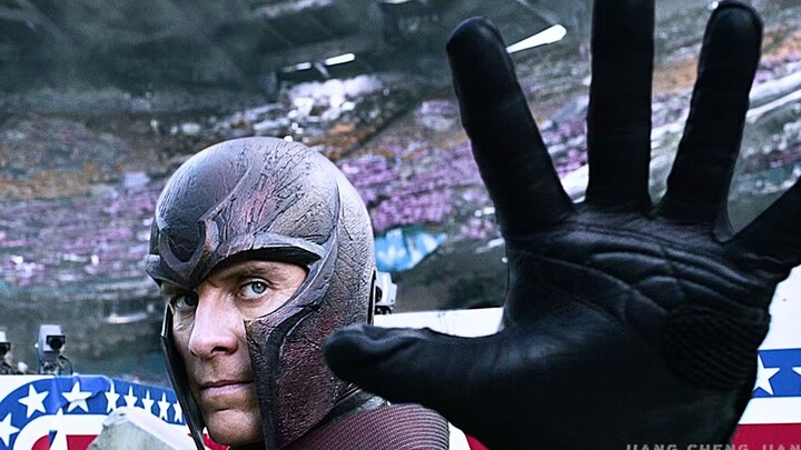 The scene shows Magneto flying with his helmet clipped to his chest...