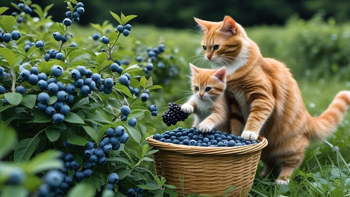 Mama Cat Picks Berries With Kitty~