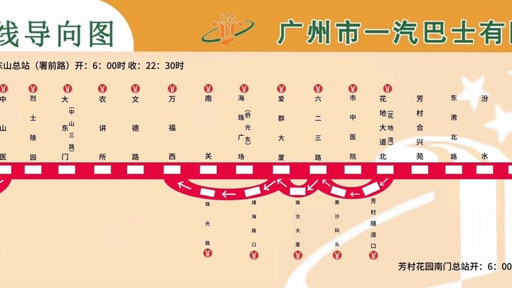 中国广州公交一汽木棉花导向图巴士集团2026.01倡导排队（及爱国主义教育基地）×AI歌星英文报站 1路 （2025.08.30站名）东山至芳村 双向