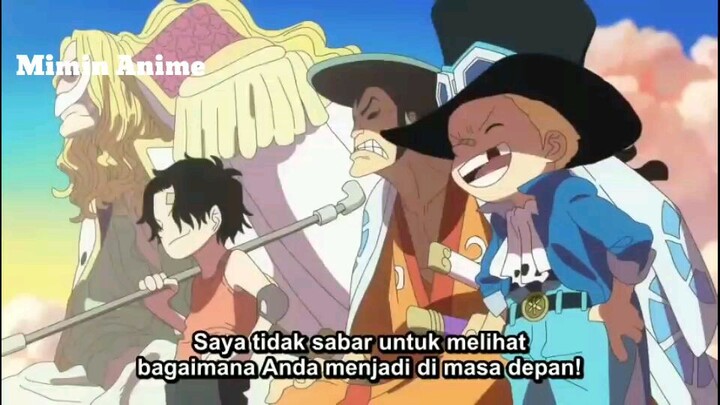 Kilas balik Ace, Luffy dan Sabo waktu kecil bersamaan dengan Shirohige, Roger dan Oden