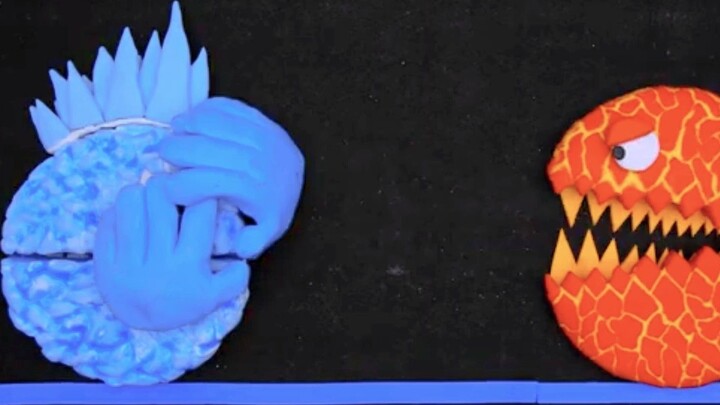 Stop-motion animation, ice and fire Pac-Man battle, wonderful and funny