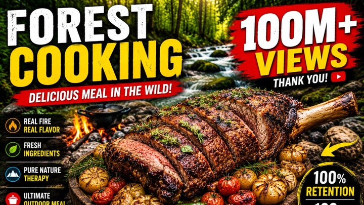 Cooking a Giant Steak in the Deep Forest | Primitive Outdoor Cooking