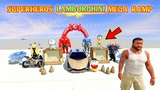 Gold Lamborghini Mega Ramp Challenge With Shinchan Doraemon Nobita & Superheros in GTA5