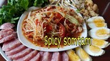 ส้มตำปลาร้าเผ็ดๆ&ขนมจีนมาม่าเกาหลี Spicy Som tam &  fermented pork sausage