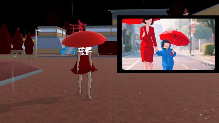 Woman with red umbrella on her head