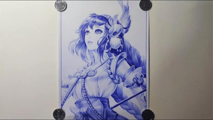 Drawing Da Qiao's Ise Miko skin using a RMB 2.5 ballpoint pen