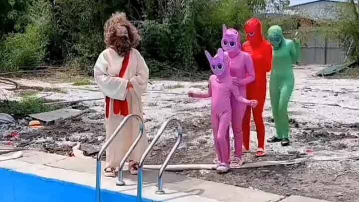 Everyone is lining up to go to the swimming pool.