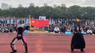About me wearing Kamen Rider DC and dancing the Yakuza dance with my friend Obito at the sports meet