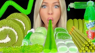 ASMR GREEN FOOD, MATCHA CAKE ROLL, WATERMELON KOOL AID, MELON MOCHI, GREEN TEA COOKIES MUKBANG 먹방