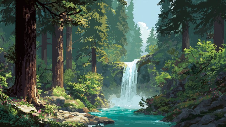 1 小时像素瀑布森林氛围｜纯自然环境音助眠·放松·专注