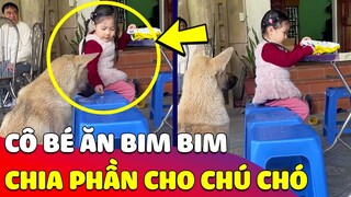 Cưng xỉu cô bé ngồi 'CHIA GÓI BIM BIM' cho chú 'CHÓ LẠ' ăn một cách ngon lành 🥰 Gâu Đần