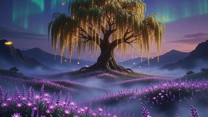Whispers of the Golden Willow 🌌💜 | 4K Surreal Aurora Night #Shorts