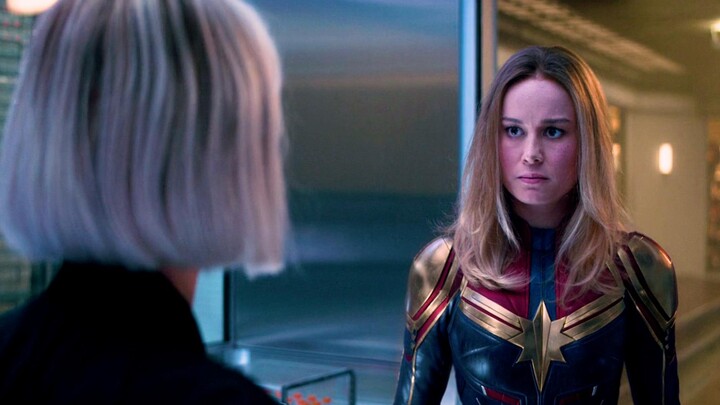 Captain Marvel: No-nonsense and all business, she crushes Thanos, transforms into a bulldozer—Marvel