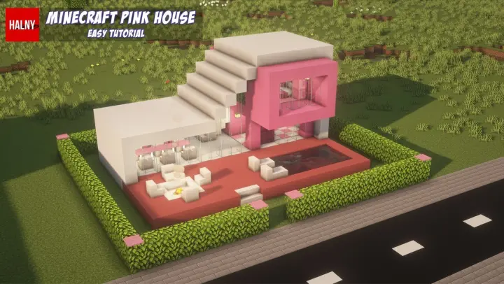 Beautiful pink house in minecraft with a pool