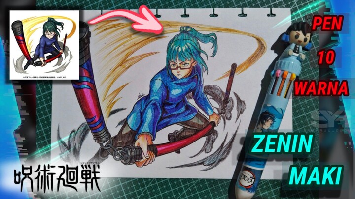 DRAWING zenin maki is EASY for beginners, using a pen of 10 colors, menggambar zenin maki