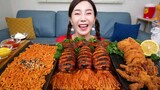 [Mukbang ASMR] Spicy 🔥 Buldak Squid Enokimushroom CRISPY CALAMARI Recipe Eatingshow Ssoyoung