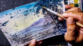 Melukis pantai dan pohon kelapa - Beach painting watercolor