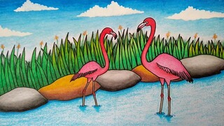 Cara menggambar burung flamingo || Menggambar burung di air
