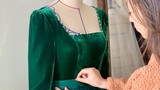 [DIY]Tự may váy nhung xanh siêu đẹp