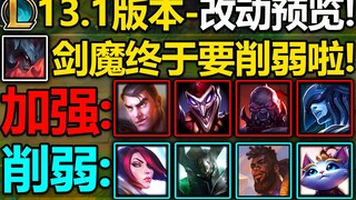剑魔/奎桑提/猫咪/泽丽/即将削弱!加强杰斯/小丑/冰女!8件装备改动!传说韧性削弱!13.1版本-改动预览!S13赛季1月12号左右开启!