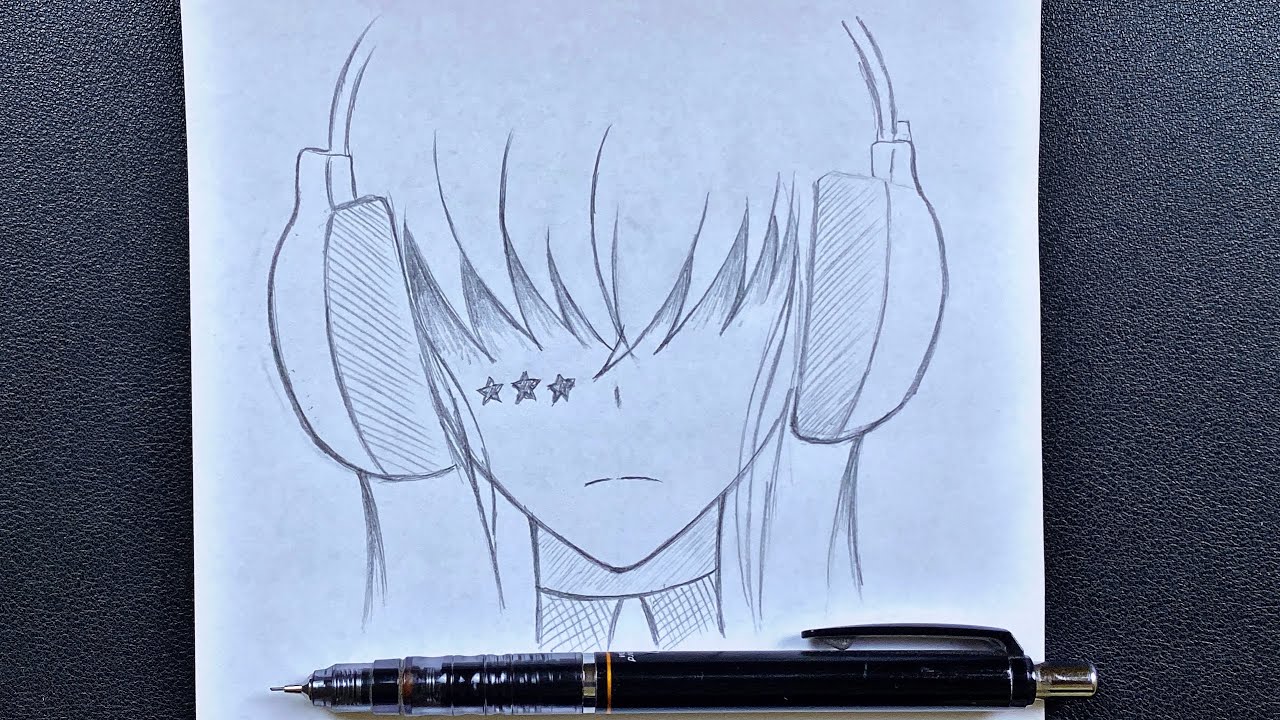 sad girl with headphones drawing