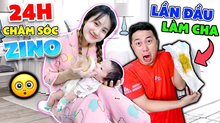 Thử Thách 24h Chăm Sóc Em Bé Zino | Lần Đầu Thay Tã Cho Con - Vê Vê Channel