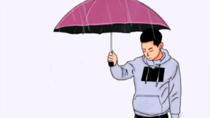 On a rainy day, the little girl is splashing in the water while Dad can only hold up an umbrella; th