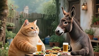 驴子太开心了，终于把橘猫喝倒下了！
