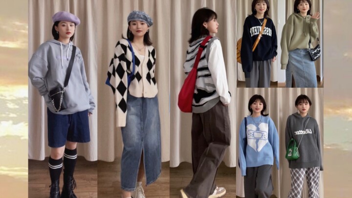 160cm, 55kg Early Autumn Look | American Campus Style | Retro Sweet & Cool ~