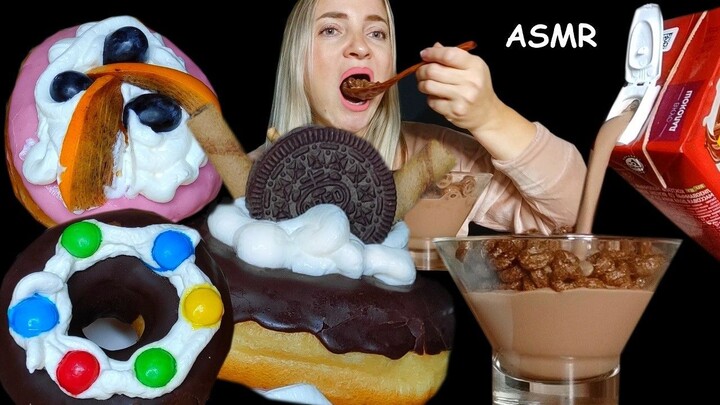 ASMR CHOCOLATE DONUTS & CRUNCHY DESSERT with CHOCOLATE MILK | Mukbang Eating
