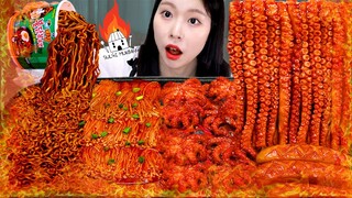 ASMR MUKBANG| 직접 만든 불닭 버섯 짜장 불닭볶음면 쭈꾸미 낙지 먹방 & 레시피 FRIED CHICKEN AND FIRE NOODLES EATING