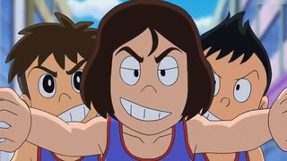 Doraemon: Nobita breaks the glass and is surrounded by people. The blue fat man performs a street br
