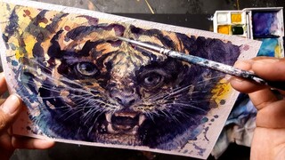 Melukis harimau menggunakan cat air -  Tiger watercolour