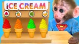 Monkey Baby Bon Bon doing shopping in Toy store and eats ice cream rainbow with puppy the pool