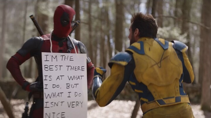 [Deadpool 3 Behind the Scenes] Wolverine on set, reading from a teleprompter—reading one line, then 