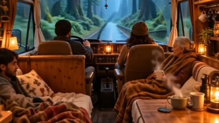 cozy van driving while raining