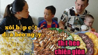 Món ngon Việt Nam Xôi bắp cốt dừa 💥 thịt heo chiên giòn ngon quá xá