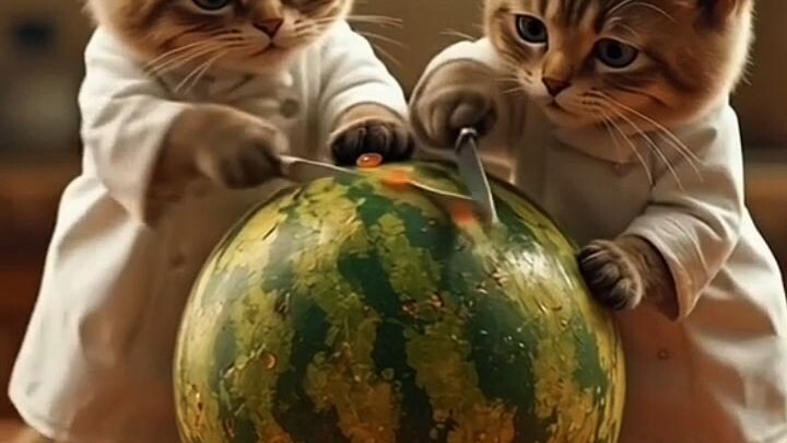 tiny Cats are cutting watermelon juice