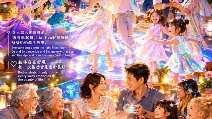 🪩 光舞安和Dancing in Gentle Light✨ 全息彩灯旋转，旋律萦绕小院，光粒随身姿跳动。Holographic lights rotate; melody fills the co