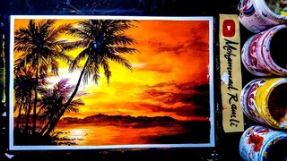 Sunset Ocean Painting Tutorial | Acrylic Painting | Simlple Landcape painting | melukis sunset