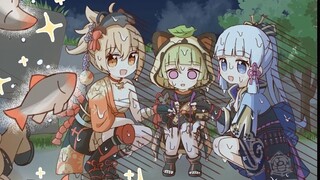 宵宫，绫华三人害怕的躲在身后